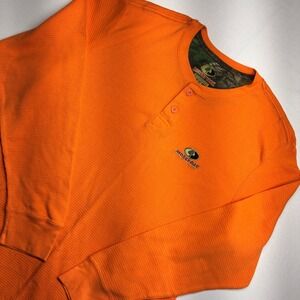 Mossy Oak Mens Blaze Orange Waffle Knit Thermal Henley Shirt XL Long Sleeve